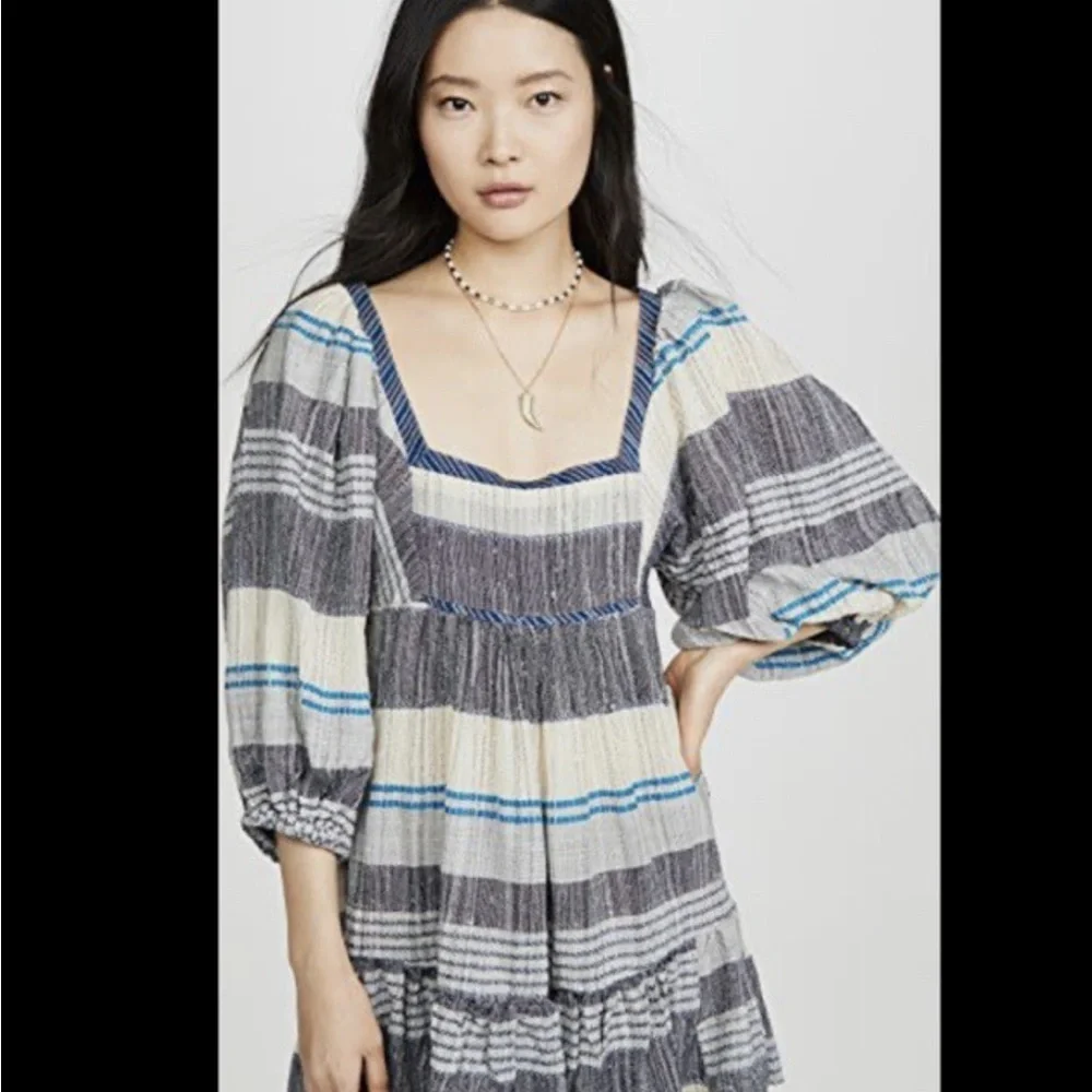 EUC Free People Chic Indigo Combo Gauzy mini dress with balloon sleeves sz XS